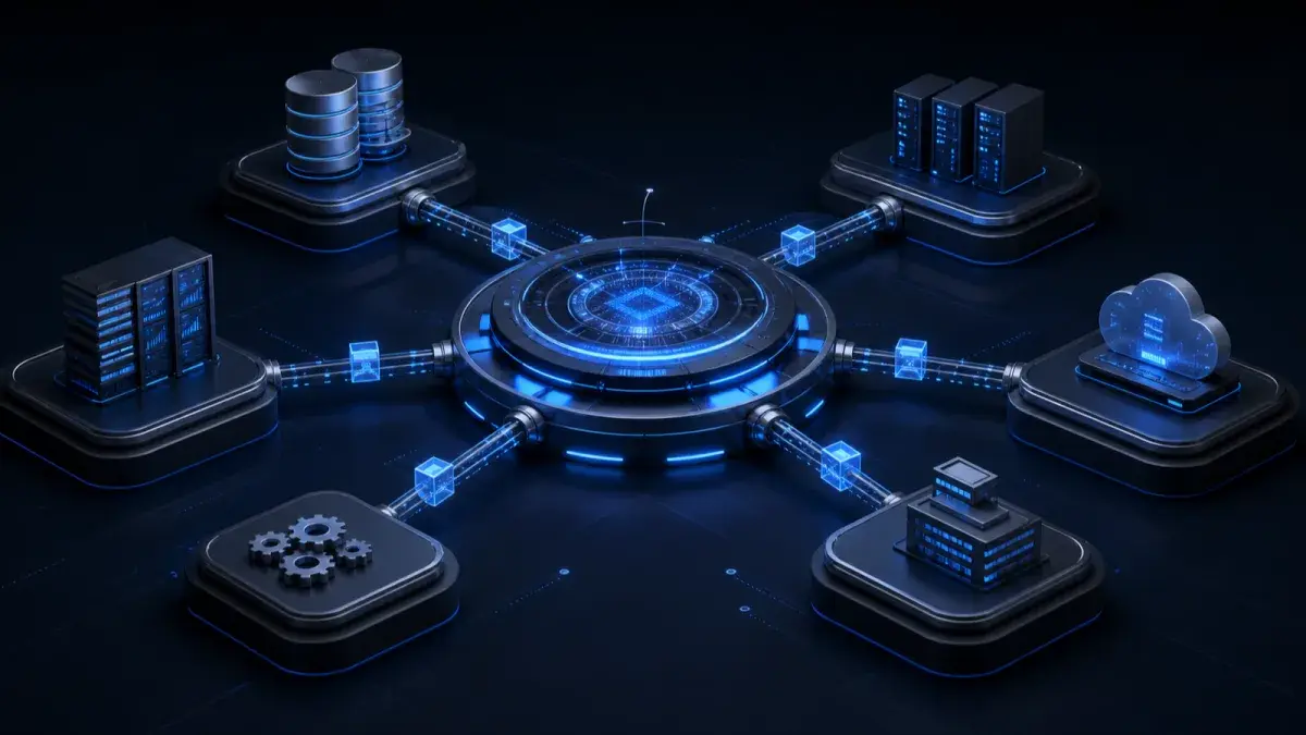 API hub connecting enterprise systems through secure data flows